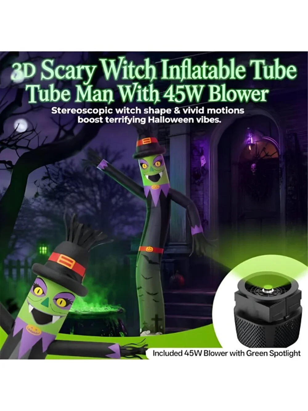 Halloween Witch Inflatable Tube Man 6ft,with 45W Blower+Green Spotlight